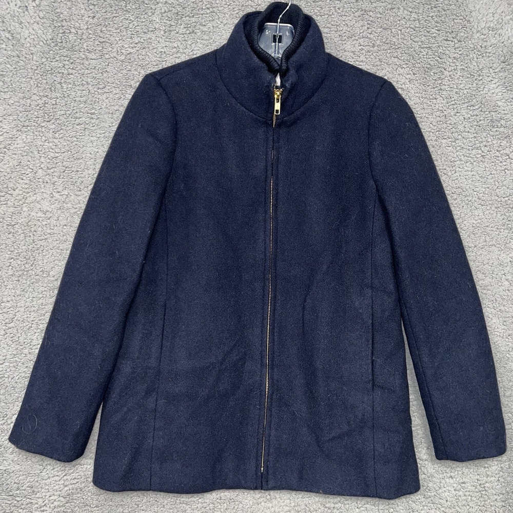 J Crew Women's Sz 0P Factory Wool Blend Navy Blue Coat Full Zip Pocket Mock Neck